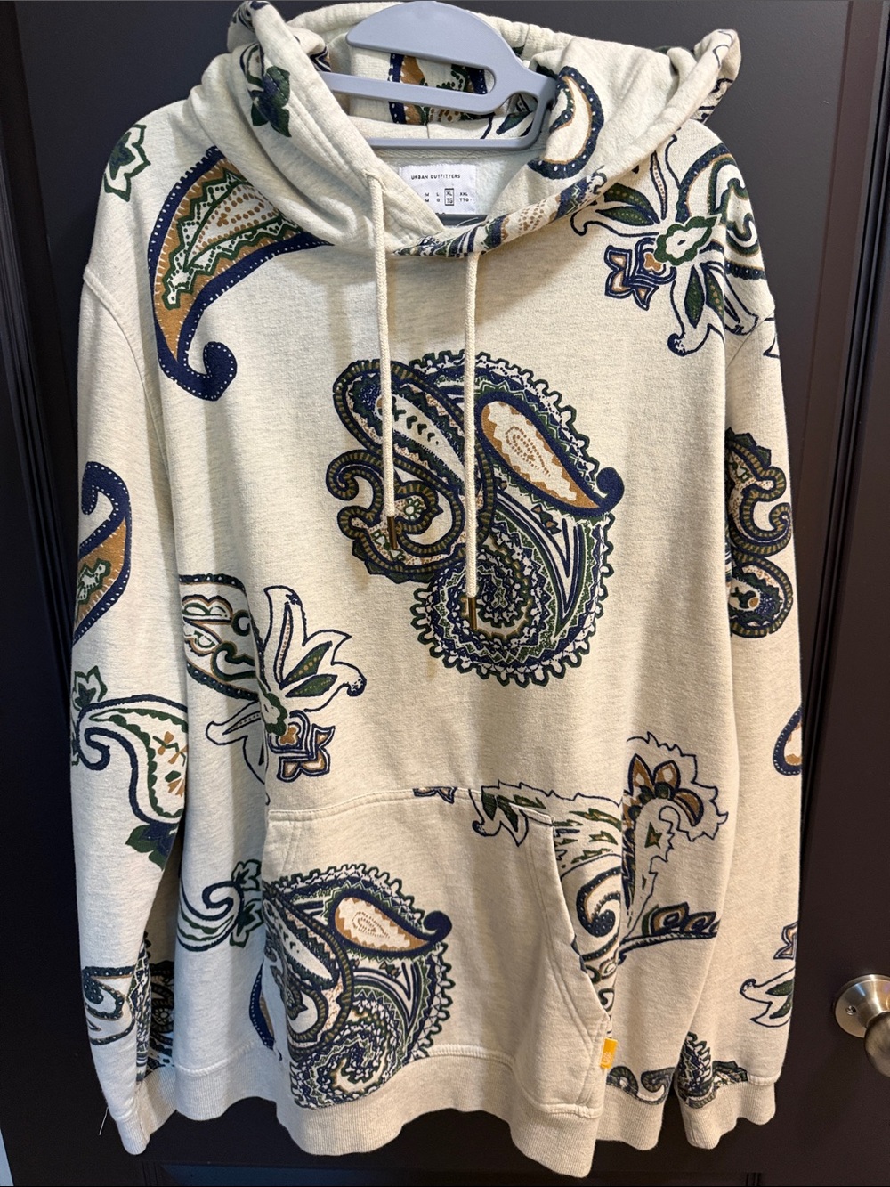 Urban Outfitters Cream Paisley Crewneck Hoodie with Navy & Green Accents